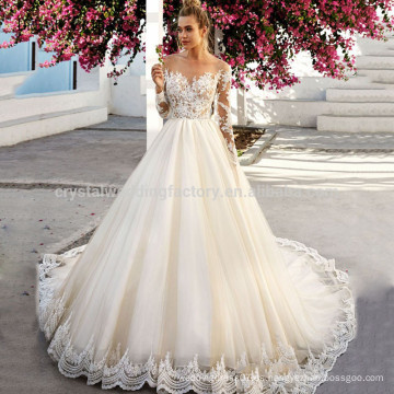 Vestido De Noiva encaje Gelinlik elegante barco cuello Appliqued Tulle vestidos de novia 2017 manga larga A-line vestidos de novia MW903